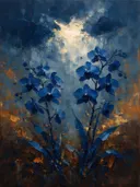 Orchidee onder een storm in diepblauw, schilderij van orchidee onder een storm