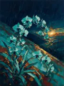 Orchidee op de helling in turkoois, schilderij van orchidee op de helling