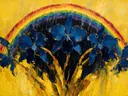 Orchidee tegen de lucht in blauwgeel, schilderij van orchidee tegen de lucht