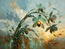 Orchidee tegen de lucht in zeegroen, schilderij van orchidee tegen de lucht