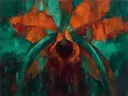Orchidee van dichtbij in roestturkoois, schilderij van orchidee onder een storm
