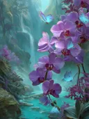 Schilderij van paarse orchideeën met vlinders bij een kristalheldere beek