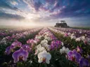 Landschapsfoto van orchideeën bij de ochtendmist, met een oude tractor