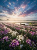 Landschapsfoto van orchideeën bij de ochtendmist, met een roeibootje