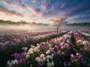 Landschapsfoto van orchideeën bij de ochtendmist, met een bloesemboom