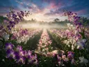 Landschapsfoto van orchideeën bij de ochtendmist, met een hagedis