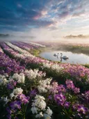 Landschapsfoto van orchideeën bij de ochtendmist, met zwanen