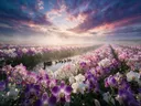 Landschapsfoto van orchideeën bij de ochtendmist, met een eend met haar kuikens