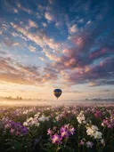Landschapsfoto van orchideeën bij de ochtendmist, met een luchtballon boven de horizon