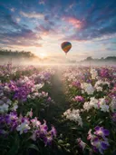 Landschapsfoto van orchideeën bij de ochtendmist, met een luchtballon boven de horizon