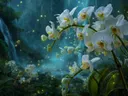 Schilderij van witte orchideeën bij een waterval met vuurvliegjes