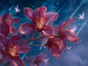 Schilderij van paarse orchideeën met vallende sterren en lichtgevende wezentjes