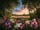 Landschapsfoto van orchideeën bij het gouden uur, met een houten kar