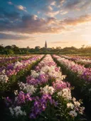 Landschapsfoto van orchideeën bij het gouden uur, met een kerktoren die boven de bomen uitsteekt