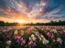 Landschapsfoto van orchideeën bij het gouden uur