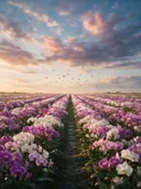 Landschapsfoto van orchideeën bij het gouden uur, met een zwerm vogels