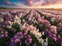 Landschapsfoto van orchideeën bij het gouden uur, met een vlinder op de bloemen