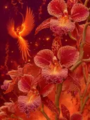 Schilderij van rode orchideeen met een feniks in een vurige hemel