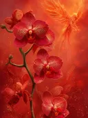 Schilderij van rode orchideeën met een mythische vuurvogel