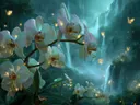 Schilderij van witte orchideeën met gouden vlinders bij een waterval