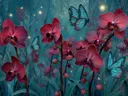 Schilderij van gloeiende orchideeën in een betoverd woud met lichtjes