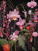Donkere jungle-scène met diverse orchideeën en tropische bloemen in botanische illustratiestijl