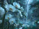 Schilderij van witte orchideeën in een mistige jungle met waterval