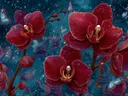 Schilderij van bordeauxrode orchideeën met vlinders tegen een sterrenhemel