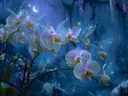 Schilderij van witte orchideeen in een mystiek blauw bos bij maanlicht