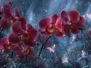 Schilderij van dieprode orchideeën onder een sterrenhemel met lichtstralen
