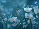 Schilderij van witte orchideeën in close-up met een blauwe vlinder