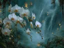 Schilderij van een orchideeëntak boven een tropische waterval