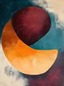 Abstract schilderij met organische vormen in teal en oranje
