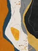 Abstract schilderij met organische vormen in oranje en petrolblauw