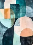Abstract schilderij met organische kleurvlakken in teal en koraal