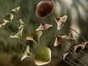 Abstracte sculpturale vormen die lijken op paddenstoelen, zwevend tegen een vervaagde achtergrond.