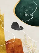 Abstract schilderij met organische vormen en gouden botanische lijnen