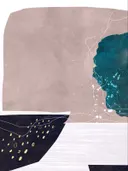 Abstract schilderij met organische vormen in roze en teal