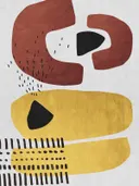 Abstract schilderij met organische vormen in terracotta en mosterdgeel