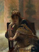 Oriental Woman van Edouard Frederic Wilhelm Richter: portret met vrouw, oosterse kleding, kroon en zittend, in warm bruin en goud
