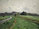 Otto@Hammewiesen m Weiherberg 1 van Otto Modersohn: landschap met weiden, sloot, boer en wolken, in groen met grijsblauw