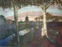 Otto Mondaufgang im Moor@Weimar Schlossmuseum van Otto Modersohn: landschap met berken, kanaal, molen en maan, in gedempt groen en grijs
