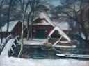 Otto Winterabend van Otto Modersohn: landschap met winter, sneeuw, huis en water, in gedempt wit en blauwgrijs