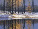 Landschapsschilderij, oud beukenbos in de sneeuw