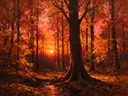 Landschapsschilderij, oud beukenbos in gouden herfst