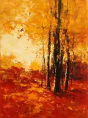 Landschapsschilderij, oud beukenbos in oranje