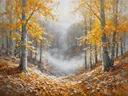 Landschapsschilderij, oud beukenbos in rijp en mist
