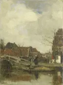 Oud buurtje aan het water van Jacob Maris: stad met huizen, water, brug en dorp, in gedempt grijsbruin