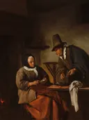 Oud paar dat een drank bereidt van Jan Steen: figuren met vrouw, man, tafel en kamer, in donker bruin met rood