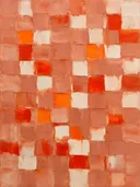Abstract schilderij met het paletmes in oud roze en vermiljoen